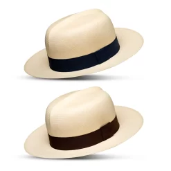 Montecristi Panama Hat Optimo Colonial with Navy Blue and Brown Bands Premium Ecuadorian Straw Hat