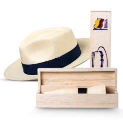 Handwoven Panama Hat Fedora Style Roll Up Travel Hat with Elegant Wooden Case