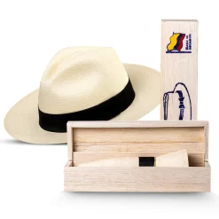 Montecristi Rollable Panama Hat with Wooden Travel Box Handmade in Ecuador