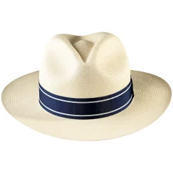 Navy Blue Panama Hat Montecristi Band with White Stripes Classic Nautical Ribbon